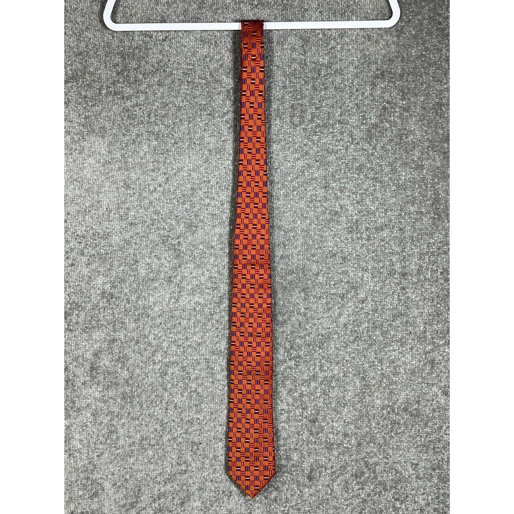 DUCHAMP London Geometric Striped Squares SILK Tie Red Orange Hand Made Textured